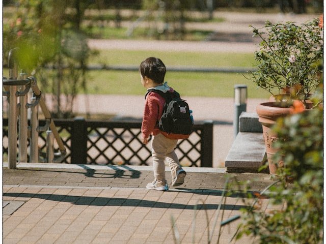 Kleines Kind mit Rucksack geht im Sonnenlicht durch einen Park, von hinten gesehen